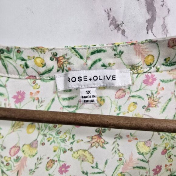 Rose + Olive Shirt Womens 1X White Green Pink Blouse Popover Flowy Ditzy Floral - Picture 3 of 12
